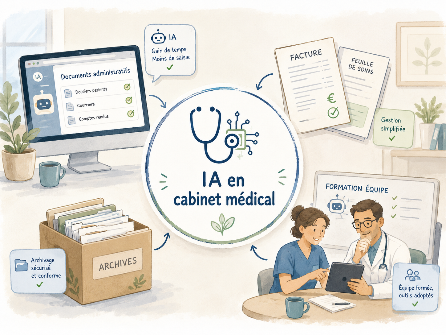 Illustration d'intégration d'outils d'intelligence artificielle en cabinet médical